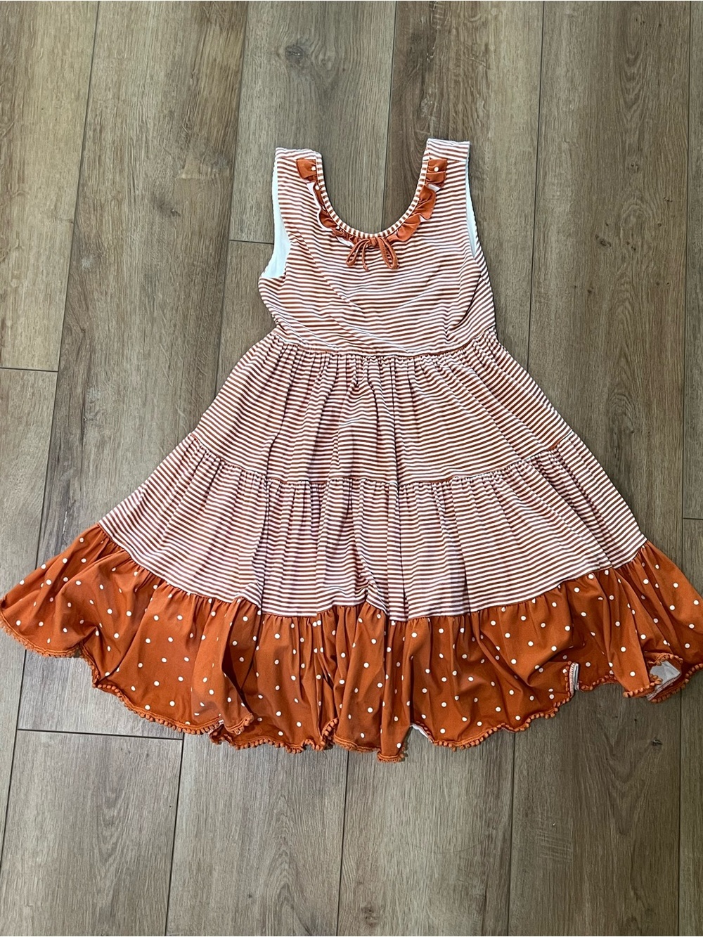 SweetHoney Burnt Orange & White Striped Tiered Dress with Polka Dot Ruffle 12Y